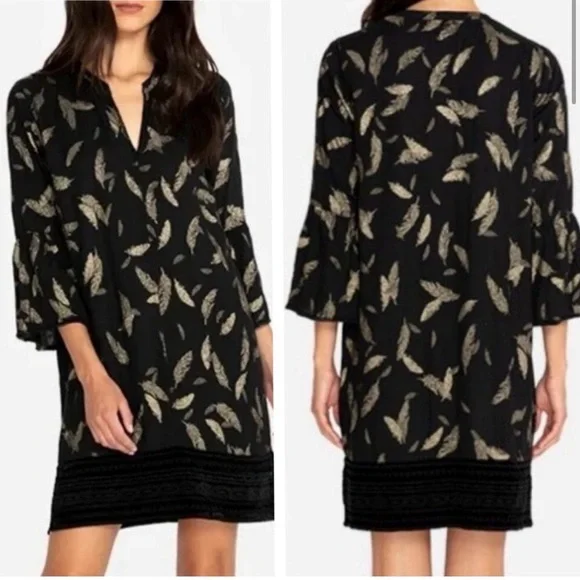 Johnny Was Black Dress with Gold Feather Pattern - Picture 2 of 6